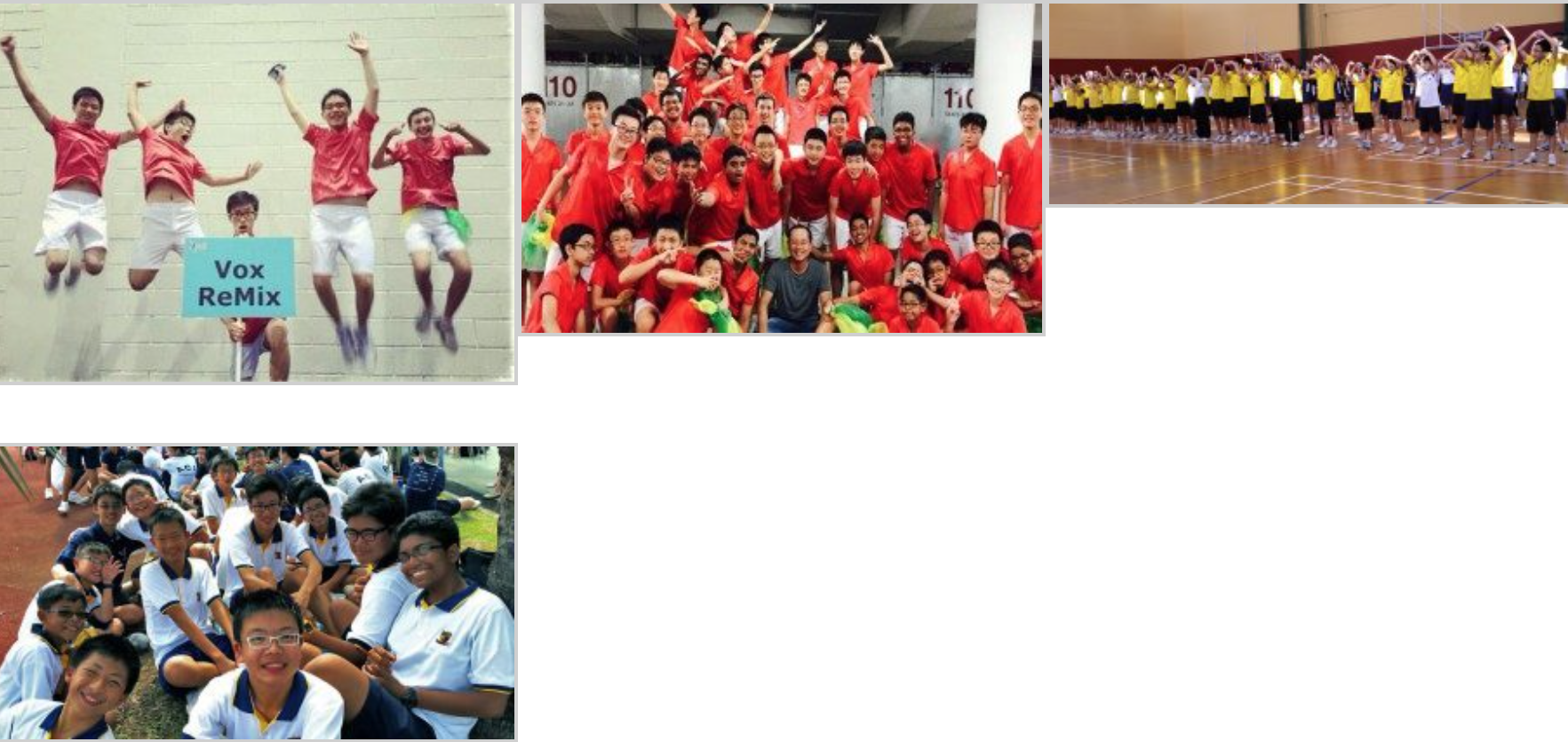 Four photos of school students in red, yellow, and white uniforms posing, jumping, and exercising together.